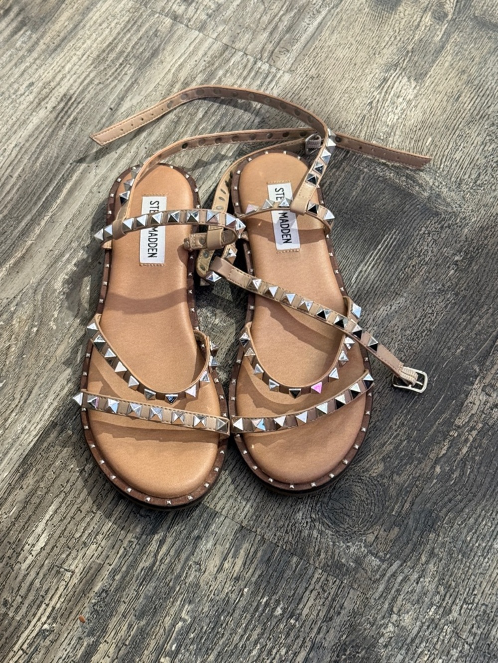 Steve Madden Brown Leather Pyramid-Stud Ankle Wrap Sandals